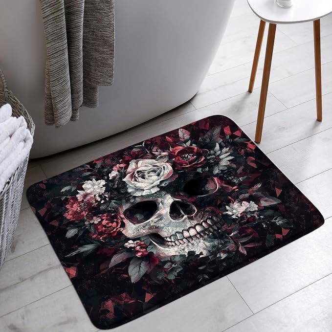 Sugar Skull Floral Bath Mat Spooky Halloween Gothic Skeleton Flower Vintage Mystical Bathroom Bathtub Floor Rugs Doormat Toilet Decor,24 x 36 in - skull toilet mat