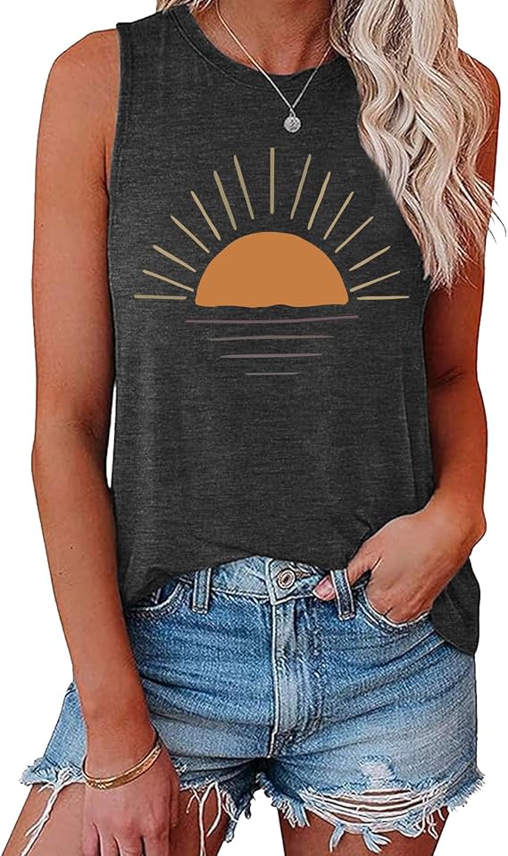 LOOKFACE Women Sunrise Graphic Sleeveless Tank Tops - skull tank tops