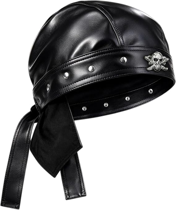 Leather Skull Cap Bandana Doo Do Rag for Women/Girl Biker Party Leather Studs Headwrap for Motorcycling Men Black - skull hat