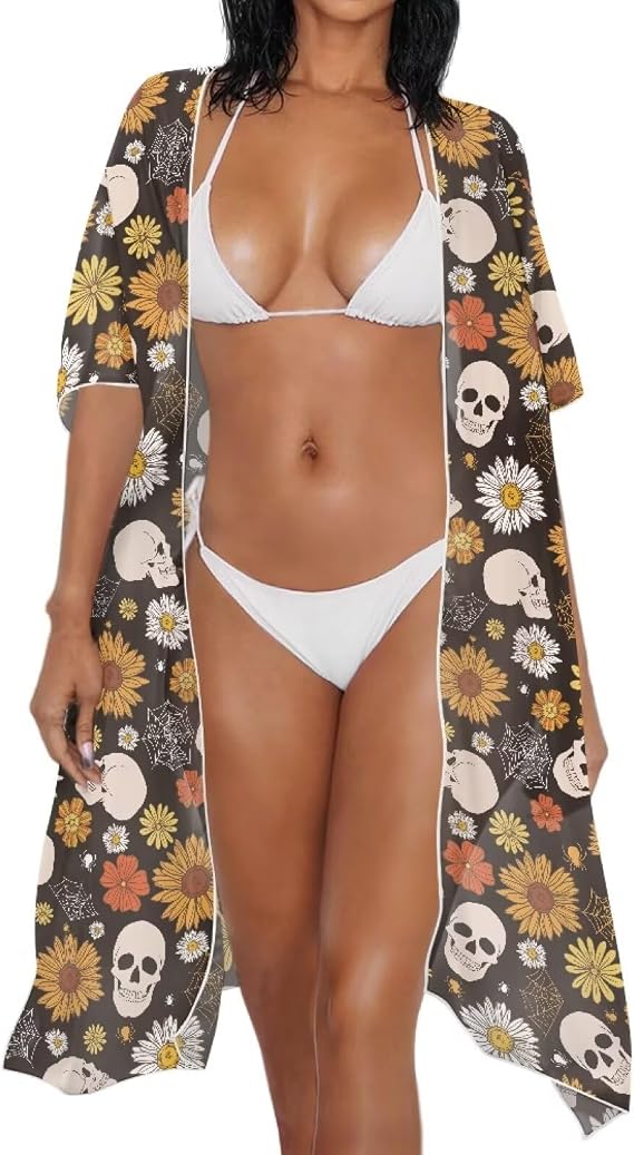 Women's Kimonos Swimsuit Coverups Bikini Swimwear Sheer Beach Cover Up Floral Print Casual Plus Size Cardigan - skull jacket