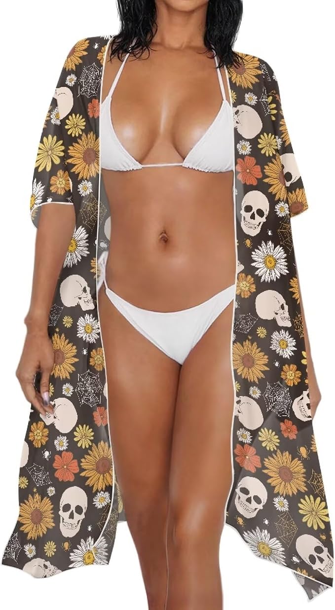 Women's Kimonos Swimsuit Coverups Bikini Swimwear Sheer Beach Cover Up Floral Print Casual Plus Size Cardigan - skull swimsuit