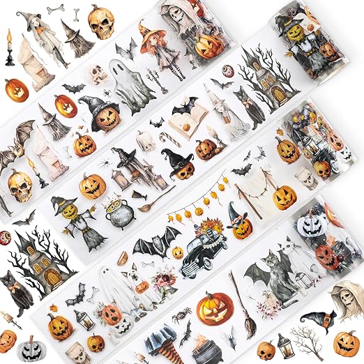 JarThenaAMCS 39.2 Ft Halloween PET Washi Tape 4 Rolls Pumpkin Ghost Witch Bats Transparent Adhesive Masking Tape for Cut & Use as Halloween Stickers Scrapbook Journal DIY Crafts Wrapping - skull sticker