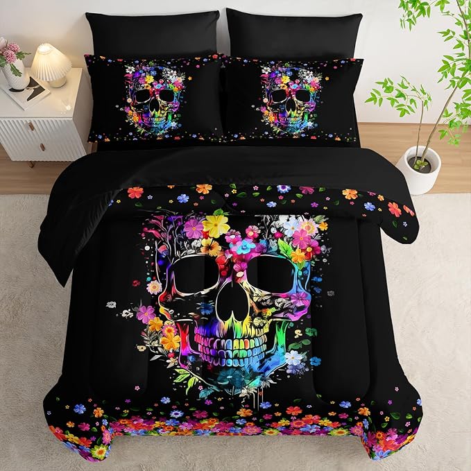 AILONEN Sugar Skull Comforter Set Queen Size,7-Piece 3D Print Skull Bed in a Bag,Soft Skeleton Roses Floral Print Comforter & Fitted Sheet with Flat Sheet,2 Pillowcases,2 Pillow Shams - skull bedding