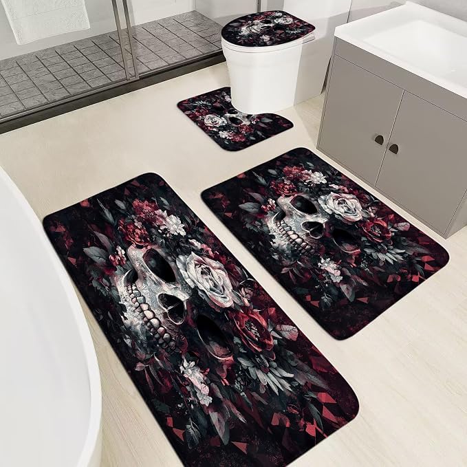 4 Pieces Bathroom Rug Sets,Sugar Skull Floral Spooky Halloween Gothic Skeleton Flower Vintage Mystical 18"x30"and 16"x48"Bath Mats,Toilet Cover,U-Shaped Toilet Mat - skull toilet mat