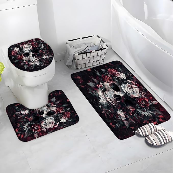 3 Piece Sugar Skull Floral Bath Mat Spooky Halloween Gothic Skeleton Flower Vintage Mystical Bathroom Bathtub Floor Rugs Absorbent Doormat Toilet Decor - skull toilet rug