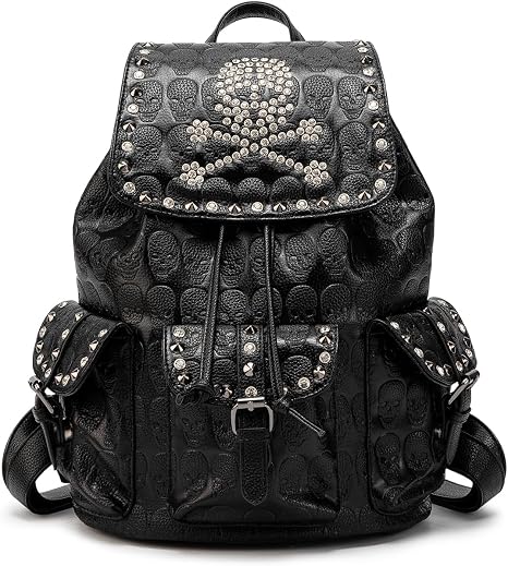 SV SENVAN Gothic Backpack for Women & Men - 3D Skull Embossed Leather, Rhinestone Studded Flap, Multi-Pocket Daypack, Festival Bag, Punk Rock, Alternative Style - skull backpack