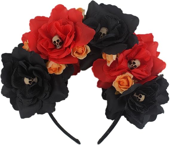 Skull Floral Headband Rose Flower Crown Headpiece for Women Halloween Mexican Day of the Dead Party Costume (Black Red, Medium) - skull headband