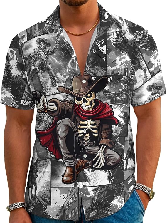 Men's Hawaiian Shirt Funny Vintage Western Cowboy Print Summer Beach Casual Short Sleeve Button Down Shirts - skull tshirt