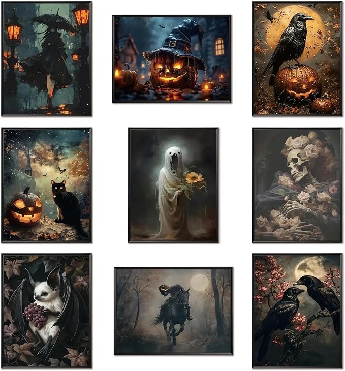 ARKZSHO Halloween Wall Art Canvas Prints Set of 9, Dark Academia Wall Decor Painting, Gothic Spooky Aesthetic Picture for Gallery Living Room Bedroom Office Decor 8×10 inch Unframed