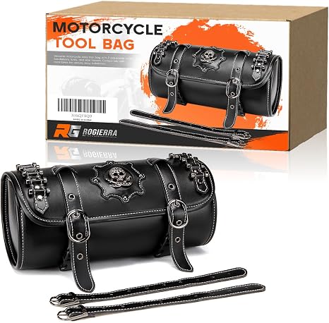 Rogierra 7.9L Motorcycle Metal Skull Tool SaddleBags Front Fork Handlebar Bag PU Leather Sissybar Storage Pouch Compatible with Harley Bikes - skull suitcase
