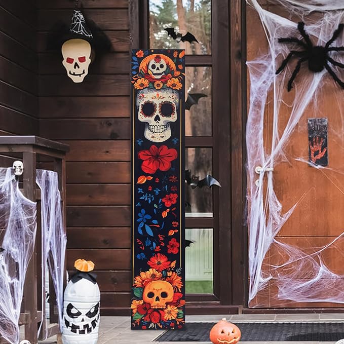 Day of the Dead Decorations Wooden Front Porch Sign 42″ with Bow Dia De Los Muertos Sugar Skull Decorations Halloween Welcome Sign Hanging Signs for Front Door Garden Outdoor Decor