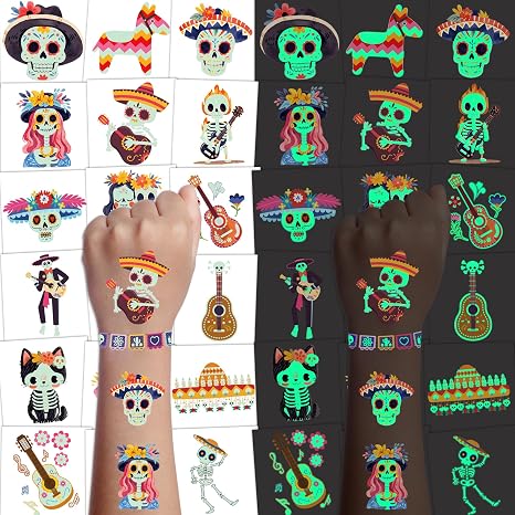Day of the Dead Face Tattoos, Day of the Dead Decorations Party Favors Glow, Dia De Los Muertos Sugar Skull Temporary Tattoos for Kids, Day of the Dead Crafts Decor - sugar skull makeup