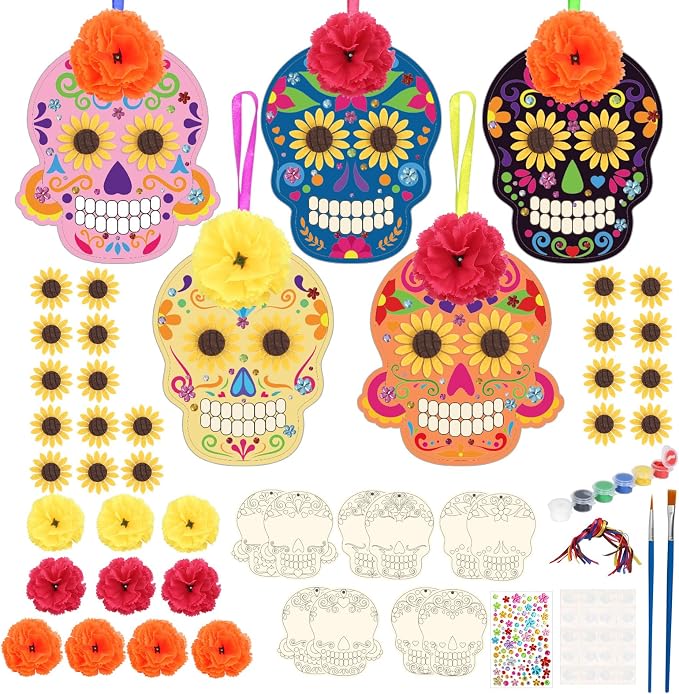 Fennoral 10 Pack Day of The Dead Craft Kits for Kids Make You Own Sugar Skull Dia De Los Muertos Ornament DIY Coloring Wooden Arts and Crafts for Halloween Favors Supplies Mexican Decoration - skull sticker