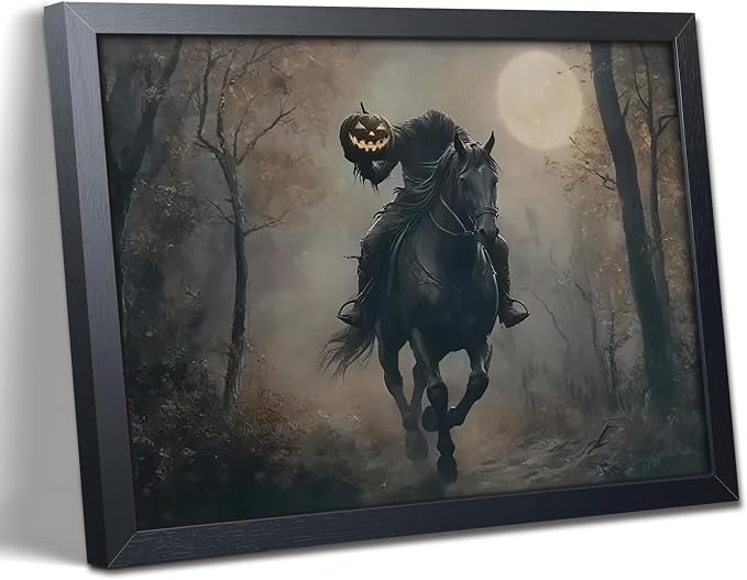 Vintage Canvas Wall Art, Dark Academia Wall Decor, Gothic Poster Print Painting, Headless knight holding a pumpkin lantern Halloween for Living Room Bedroom Decor 8x10 Inch Black Wood Framed - skull painting
