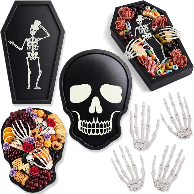 Zhehao 4 Pcs Halloween Charcuterie Board, Serving Trays with Plastic Hands - skull coaster