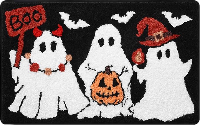 Ghost Bath Mat 20x32 Inch, Soft and Absorbent Tufted Halloween Bathroom Rug Non Slip Washable, Halloween Bathroom Boo Decor Rug Holiday Decorations - skull toilet mat