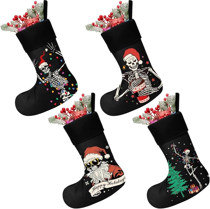 Kinlop 4 Pack Black Gothic Christmas Stocking 17.7 Inches Skeleton - skeleton