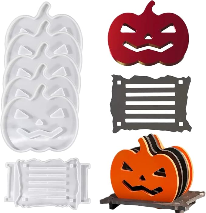 6 Pcs Pumpkin Epoxy Coaster Resin Molds Silicone with Holder, Halloween Pumpkin Coaster Molds Holder Set for Epoxy Resin, DIY Art Craft Cup Mats - skull coaster