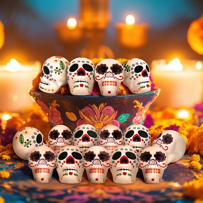 RoundFunny 12 Pcs Day of the Dead Skulls Miniature Altar Decorations - skull painting