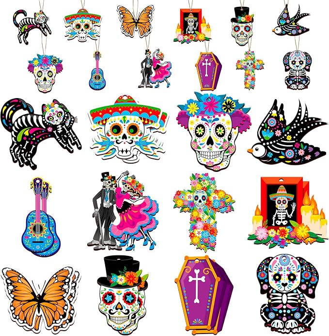 HOWAF 36pcs Day of The Dead Wood Ornaments, Dia De Los Muertos Decorations Hanging Wooden Sign for Mexican Dia de Los Muertos Altar Decor, Black Cats Sugar Skull Marigold Hanging Ornaments - sugar skull ornament