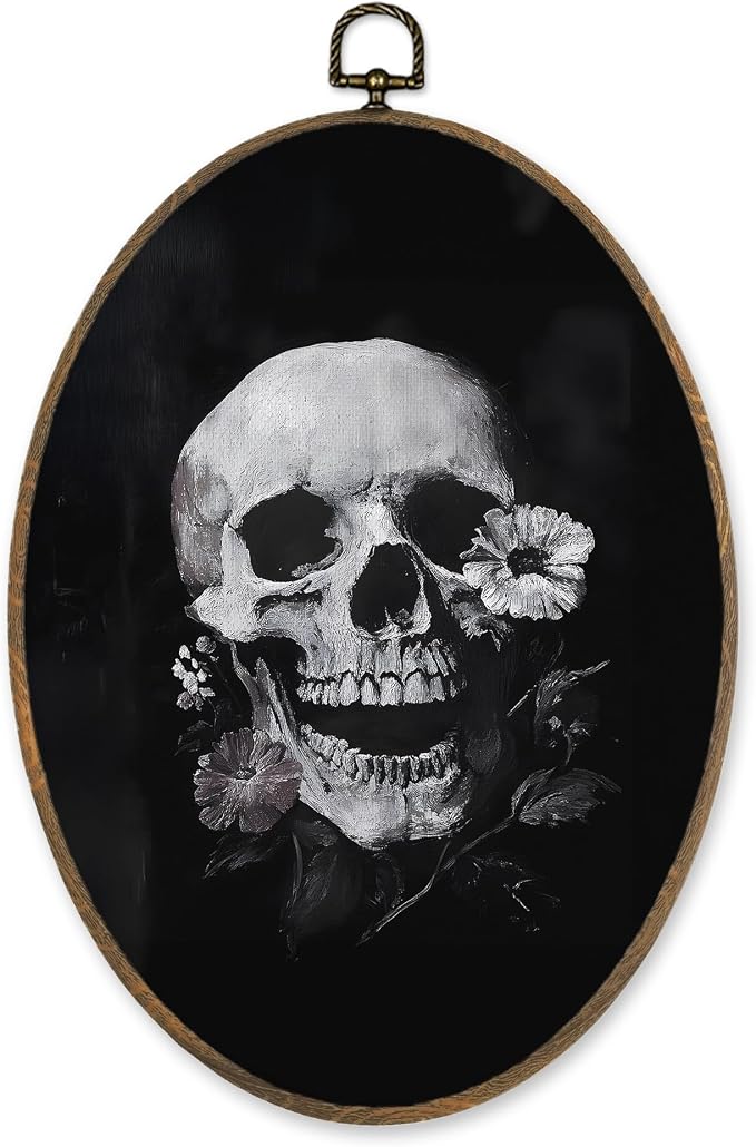 LKETW Dark Gothic Floral Skull Oval Wall Art Decor, Dark Academia Halloween Goth Skeleton Oval Canvas Hanging Decor, Gothic Skull Wall Decorations for Home Bedroom Living Room, 8.6x11.4 Inch - skull wall art
