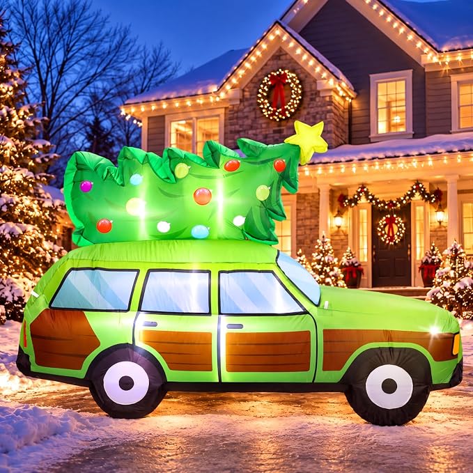 VIHOSE 8FT Christmas Station Wagon Inflatable with LED Lights for Yard