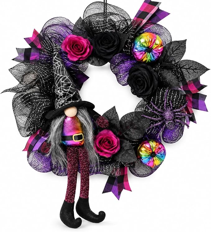 20" Witch Gnome Halloween Wreath for Front Door, Mesh Door Decor with Multicolor LED Lights - skull wreath