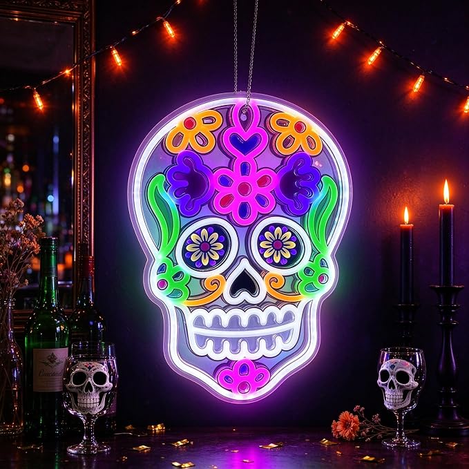 Halloween Decorations Skull Neon Sign - skull wreath