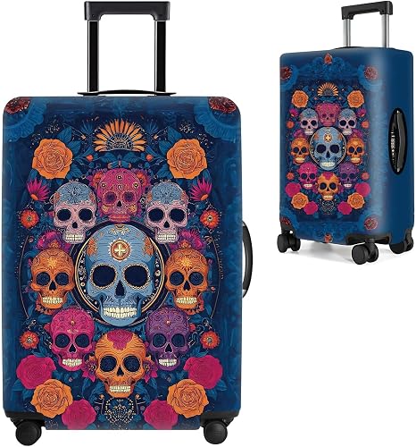 Sugar Skull Luggage Cover – Colorful Floral Day of the Dead Suitcase Protector – Stretch Travel Case Cover for 32-34 Inch Luggage,XL