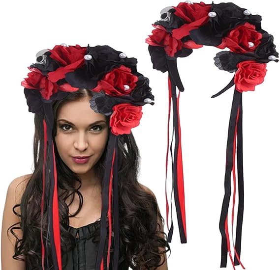 Flower Crown for Women, Day of The Dead Decorations, Skeleton Mexican Flower Headband Goddess Headpiece Hair Accessories for Cosplay Halloween Costumes, Halloween Decors Party Favors - skull headband