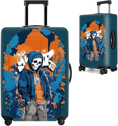 Graffiti Skull Luggage Cover – Trendy Street Style Suitcase Protector with Blue and Orange Hoodie Design – Fits 20" to 22" Luggage,S - skull suitcase