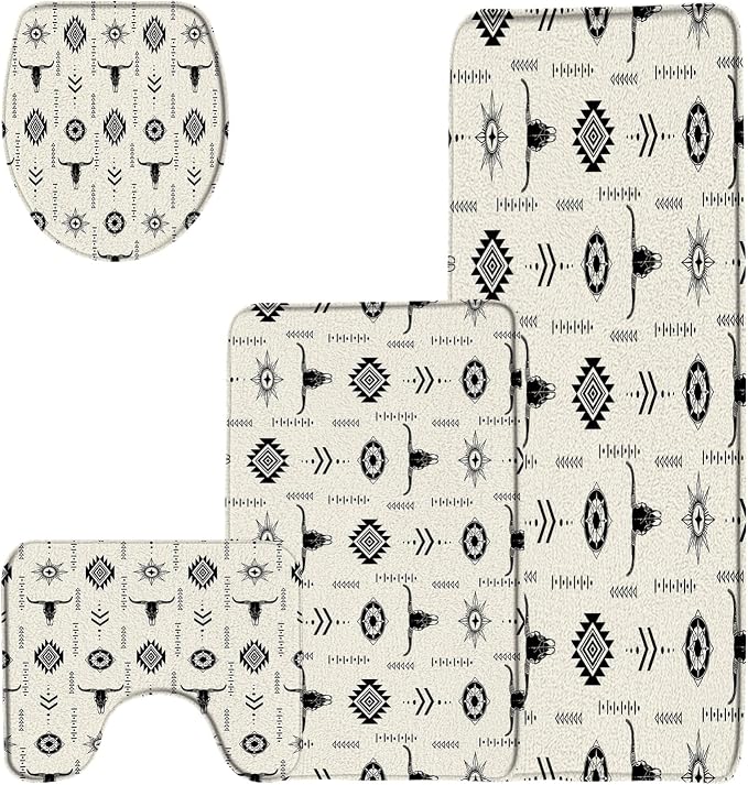 4 Pieces Bathroom Rug Sets Western Aztec Bull Skull Tribe Geometric Boho Abstract Vintage,Beige 24"x36"and 24"x48"Bath Mats,Toilet Cover,U-Shaped Toilet Mat - skull toilet mat