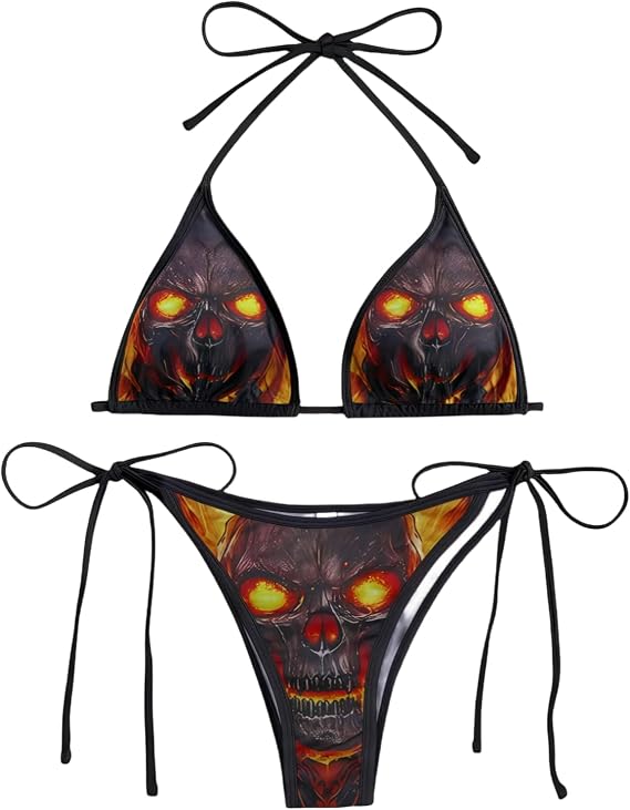 RARITYUS Women's Skull Print Goth Bikini 2 Piece Sexy Halter Triangle Bikini Tie Side Bathing Suit Halloween Outfit - skull swimsuit