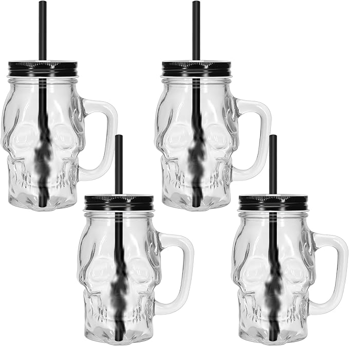 Skull Mason Jars with Handle, 16 Oz Glass Beer Mugs Gothic Wide Mouth Tumbler Cup with Straws and Lids, Novelty Pub Bar Mug Halloween Drinking Glasses for Beverage, Liquor, Mix Cocktail (4, Clear) - skull bottle