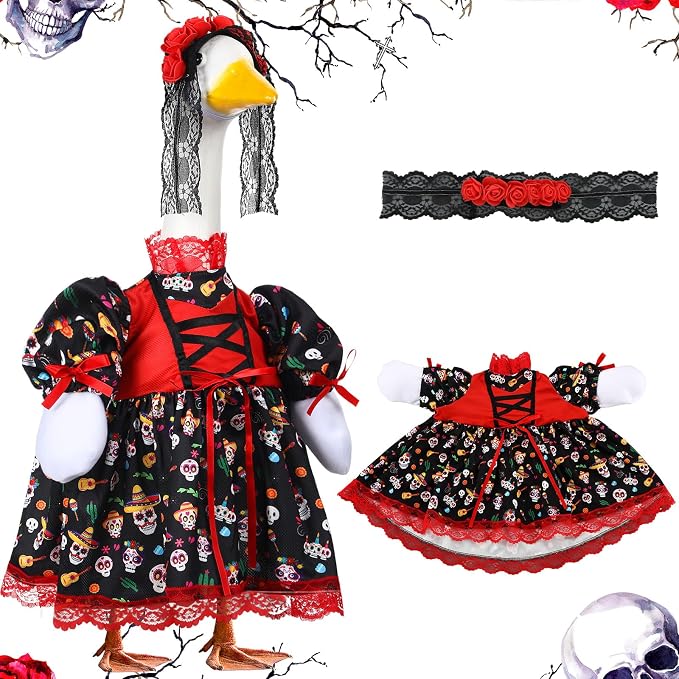 Suzile Day of the Dead Goose Costume 23" Porch Goose Dress - skull figurine