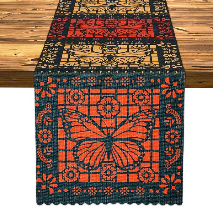 Day of the Dead Table Runner Monarch Butterfly Sugar Skull Dia De Los Muertos Table Runner Cinco De Mayo Altar Kitchen Dining Decoration for Home Party Decor (13" x 72") - skull floor mat