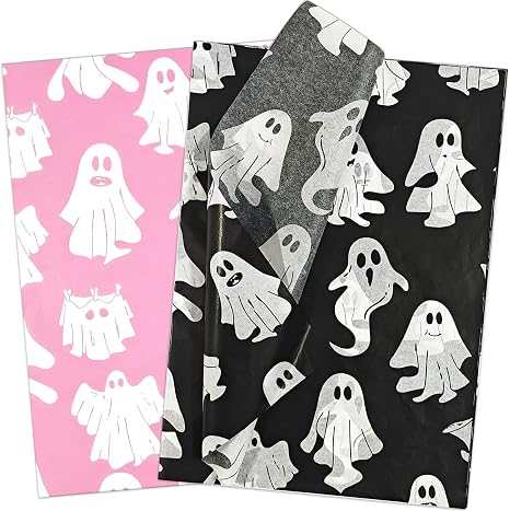 LIAPAWPAW Halloween Ghost Tissue Paper Bulk, Pink & Black Gift Wrapping Tissue Paper for Gift Bags Crafts, Spooky Cute Art Packaging Supplies for Day of The Dead Fall Holiday Decor, 30 Sheets 20x14 in - skull toilet paper