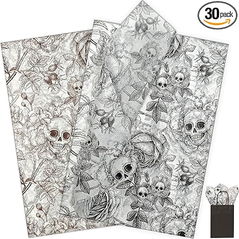 LIAPAWPAW Halloween Tissue Paper, Gothic Skull & Floral Gift Wrapping Tissue Paper for Gift Bags Boxes Crafts, Black Brown Art Packaging for Horror Party Supplies Fall Holiday Decor, 30 Sheets 20x14in - skull toilet paper