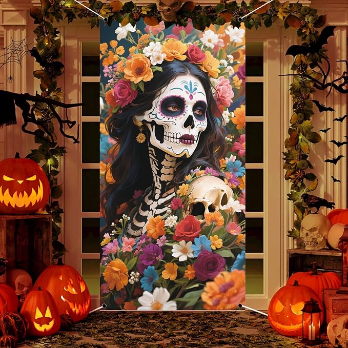 Day of The Dead Door Cover,Dia De Los Muertos Porch Sign Banner Gothic Halloween Sugar Skull Rose Flowers Backdrop Mexican Fiesta Party Decorations and Supplies for Home House Outdoor Decor - skull sticker