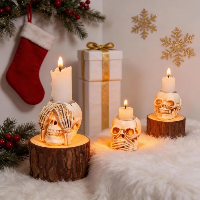 Christmas Skull Candle Holders Set of 3 – Gothic Skeleton Head Xmas Decorations for Spooky Home Décor, Haunted House, Party Centerpiece, Horror Candle Holder Gifts - skull candle