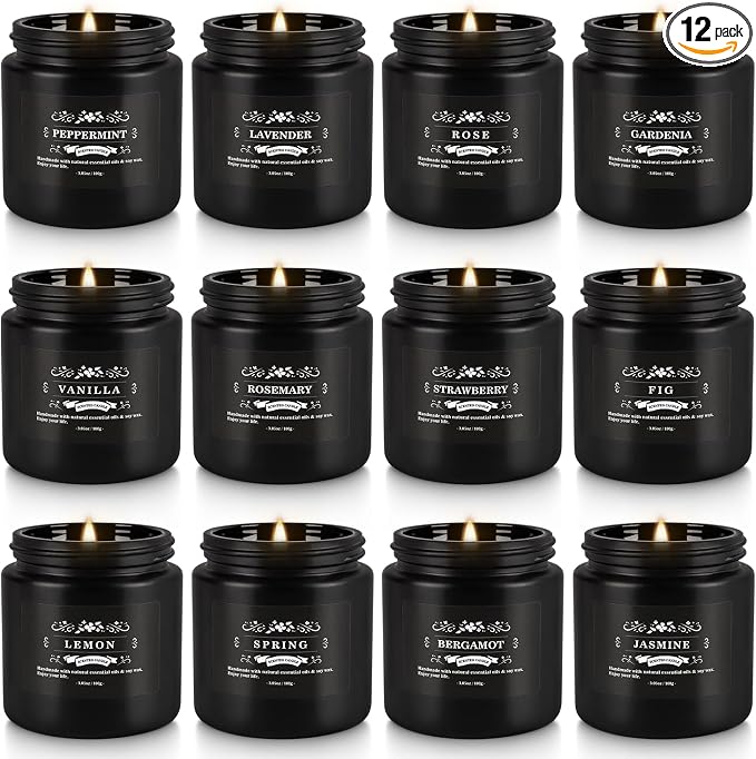 WPONSZU 12 Pcs Halloween Scented Candles with Added Natural Essential Oils, 3.05oz, Suitable for Various Festivals, Parties, Yoga, and Home Scene(Black) - skull candle