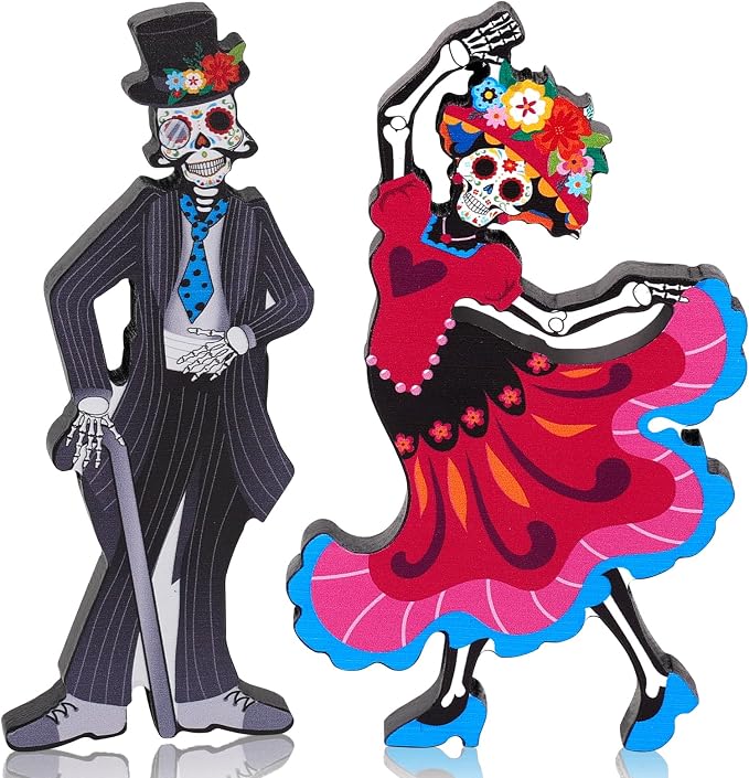 HOWAF 2pcs Day of The Dead Figurines Decorations Skeleton Bride and Groom, Dia De Los Muertos Gifts Wooden Ghost Bride Groom Sign Skull Table Topper for Alter Halloween Home Office Desk Mantle - skull figurine