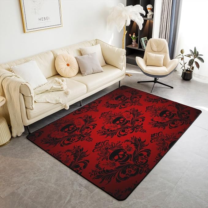 Gothic Skull Area Rug 3'x5',Red Damask Lace Floral Print Non Slip Carpet for Kids Teens Adults,Vintage Antique Victorian Baroque Boho Decorative Shedding Rug for Bedroom Playroom Backyard - skull carpet