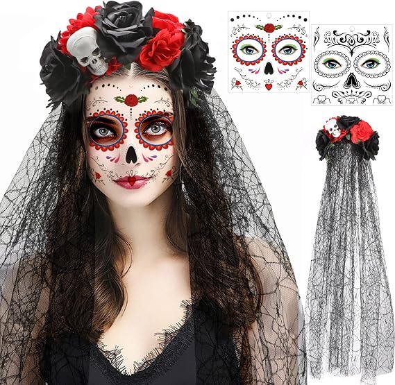 HOWAF Day of the Dead Headband Veil Rose Floral Crown Mexican Headwear Halloween Face Tattoos Day of The Dead Temporary Tattoo Sugar Skull for Women Halloween Fancy Dress Costume Accessory - sugar skull makeup