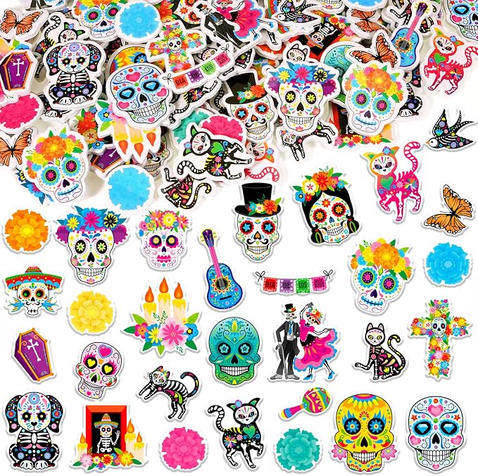 200pcs Day of The Dead Foam Stickers, Dia De Los Muertos Sugar Skull Marigold Self-Adhesive Stickers for Mexican Halloween Party DIY Crafts Sticker, Skeleton Cat Guitar Foam Decals - skull sticker