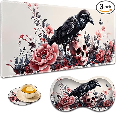 Large Game Mouse Pad + Wrist Support Pad + Coffee Coaster, Desk Pad with Sewn Edges, Anti-Slip Set pad Suitable for Office Work and Home - Rose Skull - skull coaster