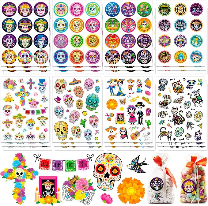 HOWAF 300+ Dia De Los Muertos Stickers, Day of The Dead Vinyl Stickers Sugar Skull Label Sticker Marigold Water Bottle Sticker Mexican Cinco De Mayo Favors Decals, Day of The Dead Skeleton Gift Tags - skull sticker
