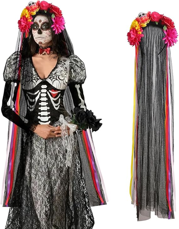 Halloween Mexican Skull Floral Veil Crown Day of the Dead Flower Headband Ribbon Streamers Headpiece Hair Accessories - skull headband