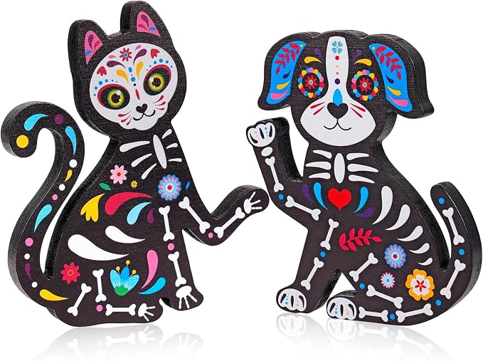 HOWAF Day of The Dead Dog Cat Figurines, Dia De Los Muertos Ofrenda Altar Decor, Wooden Black Cat and Dog Sign Skull Dog Cat Table Topper for Alter Halloween Home Office Desk Mantle - sugar skull ornament