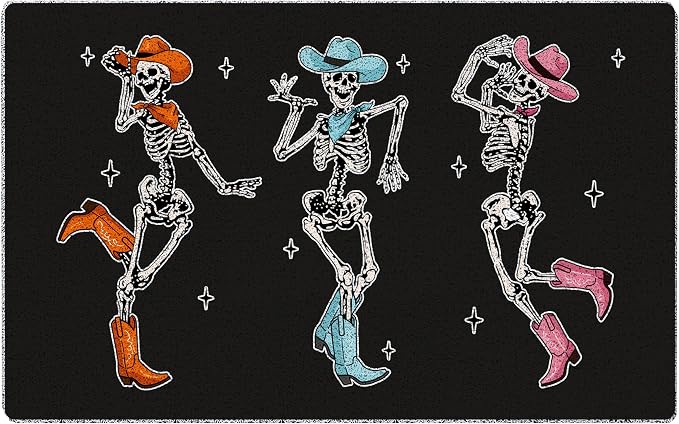 KEUSPI Gothic Halloween Cowboy Skeleton Door Mat, 17×30 Inches